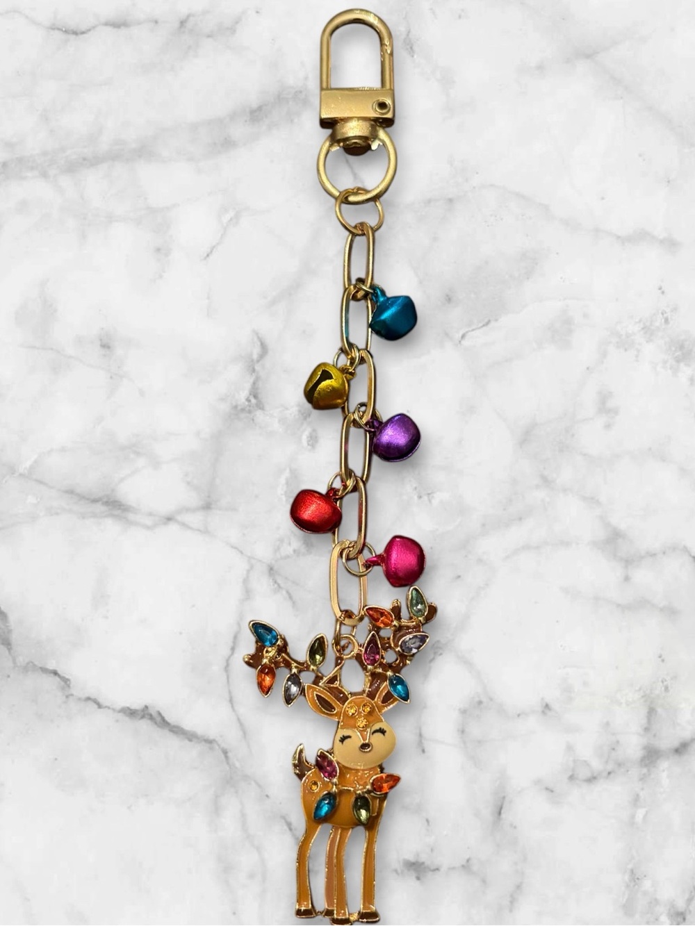 Gold-tone Reindeer Bag Charm with Multicolor Bells